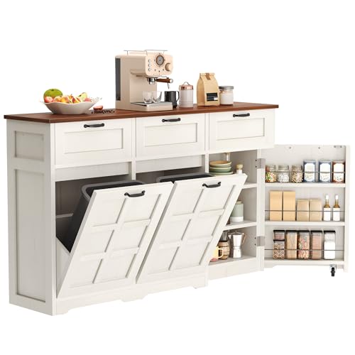 YITAHOME Farmhouse Kitchen Island, Tilt Out Trash Can Cabinet, 58.3" Kitchen Storage Island with 3 Drawers, 2 Tilt-Out Bins Compartment for 10 Gallon Trash Cans, Adjustable Shelf & Metal Handle