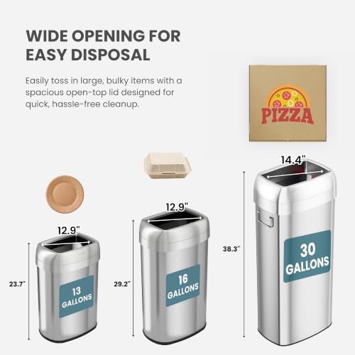Image of iTouchless 30 Gallon 114L Oval Open Top Stainless Steel Extra-Large Commercial Trash Can with Wheels, 2 AbsorbX Odor Filters | ADA Compliant Bin for Restaurant Restroom Hotel Office Healthcare Retail