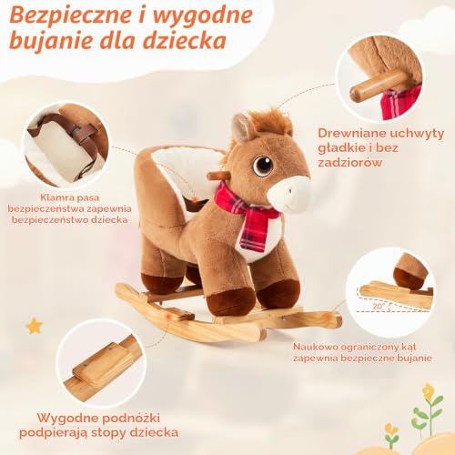 FUNLIO Koń na biegunach dla małych dzieci 6 miesięcy do 3 lat, śliczny koń na biegunach z pasem bezpieczeństwa, pluszowy koń, łatwy w montażu, do przedszkola, certyfikat CPC – brązowy