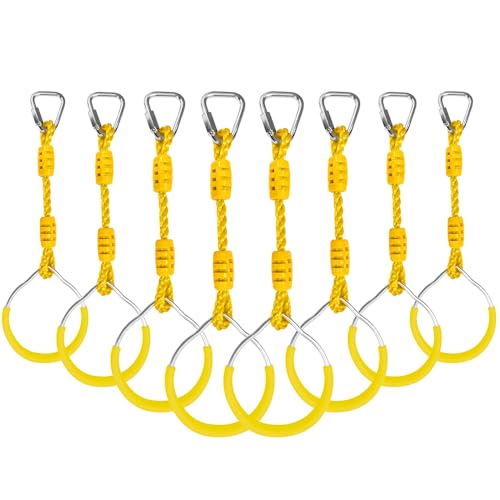 Swing Ninja Ring Indoor Outdoor Backyard PlaySet Fitness Gymnastic Training Equipment, 8 Pack Yellow Hanging Jungle Gym Fist Trapeze Monkey Bars Climbing Ring Ninja Warrior Obstacle Course Attachments