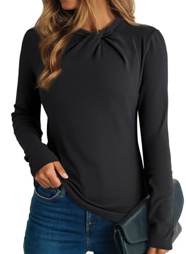 Dokotoo Womens Tops Fall Clothes Business Casual Long Sleeve Shirts for Women Mock Neck Light Fleece Thermal Twist Knot Cute Elegant Slim Fit Stretchy Tee Blouses Fashion Outfits 2025 Black Medium