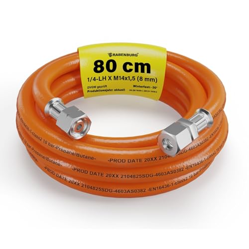 Gasschlauch 0,8 m – Gasschlauch Wohnwagen mit 1/4' LH Überwurfmutter auf 8 mm Schneidringverschraubung – Propangasschlauch für Caravan & Wohnmobil – Anschluss an Kupferleitung – DVGW zertifiziert