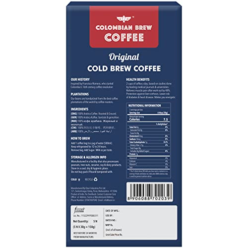 Colombian Brew Coffee Arabica Original Cold Brew- 5 Brew Bags, 20 Cups- Arabica, Unsweetened, Keto & Paleo Friendly- Ready-to-Brew Cold Brew Coffee, Smooth & Refreshing Coffee