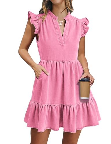 Denim Dress for Women Ruffle Short Sleeve V Neck Jean Mini Dress with Pockets