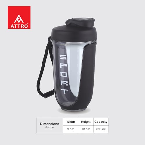 ATTRO Fit Fusion Shaker Bottle 600ml – BPA-Free Protein Mixer with Wire Whisk Ball | Leakproof Lid, Easy Carry Strap | Ideal for Gym, Fitness, Pre/Post Workout Drinks- Black - Image 3 thumbnail