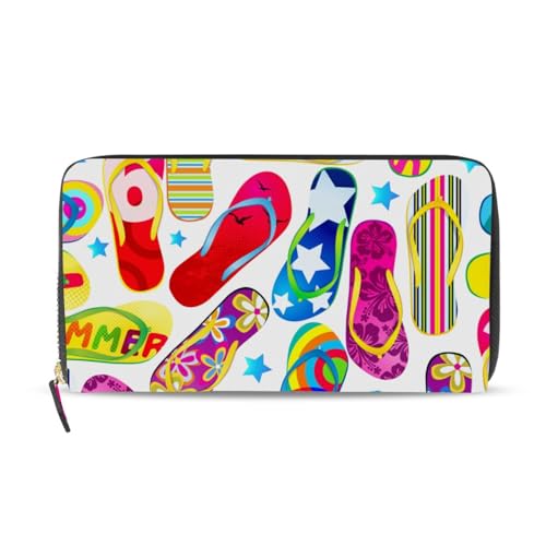 Seamless Pattern with Colorful Flip Flops Beach Sandals on White Leather Long Wallet Organizer with Zipper Purse Clutch Bag for Women Men Key Card Coin Passport Checkbook 8 x 4 inch
