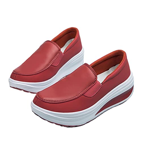 Image of Women's Platform Wedge Slip-On Loafers,Comfortable EVA Sole Round Toe Leather Moccasin Wedge Sneakers.