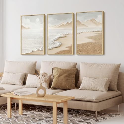 Framed Boho Beach Coastal Wall Art for Living Room, Large Neutral Abstract Coastal Canvas Artwork for Walls, 3 Piece Minimalist Ocean Picture Print for Living Room Bedroom Kitchen Wall Decor, 16x24 In - Image 2