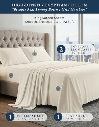 Image of LANE LINEN Cooling Sheets King Size 100% Egyptian Cotton Sateen - Ivory | King Size Sheets - 4-Piece Set, For Guests And Everyday Use, For A Silky Hotel-Style Bed, Buttery-Soft Silky Sateen
