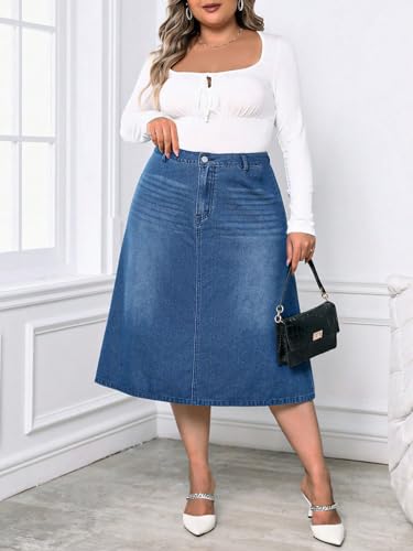 Milumia Women's Plus Size Jean Midi Skirt High Waisted A Line Denim Skirts Casual2