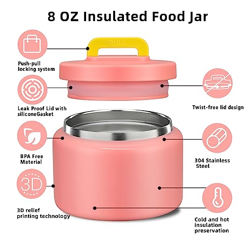 Image of JXXM 8 Oz Thermo Food Jar for Hot & Cold Food for Kids, Insulated Lunch Containers Hot Food Jar,Leak-Proof Vacuum Stainless Steel Wide Mouth Lunch Soup Thermo for School (PINK-Pure)
