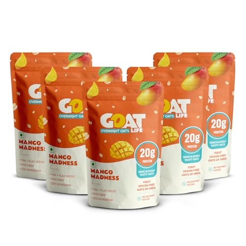 Image of GOAT Life Overnight Oats | 20g Protein | High Fibre | Nutrient-Rich | No Sugar | Gluten-Free & Vegan | Supports Weight Management & Muscle Recovery | Instant Breakfast (Mango Madness, Pack of 5)