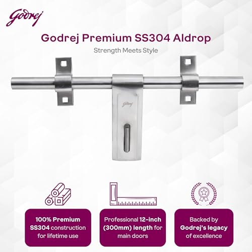 Image of Godrej Door Fittings | Aldrop for Main Door (10 inch, Satin Finish) | SS304 Lock for Left & Right Handed Doors | Suitable for All-Type Doors of Residential & Commercial Complexes | Size 16 x 300 mm