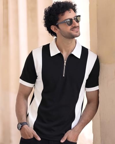 Image of AUSK Men's Textured Vertical Striped Knit Polo T-Shirt | Half Sleeve Zipper Neck Self-Design Casual Tee | Mens Tshirts