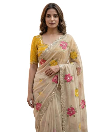 Image of DHARMEE Women's Embroidered Floral Saree with Blouse Piece, Beige with Pink and Yellow Flowers, Sequin Border, Lightweight and Stylish Ethnic Wear - Perfect for Traditional Partie Wear