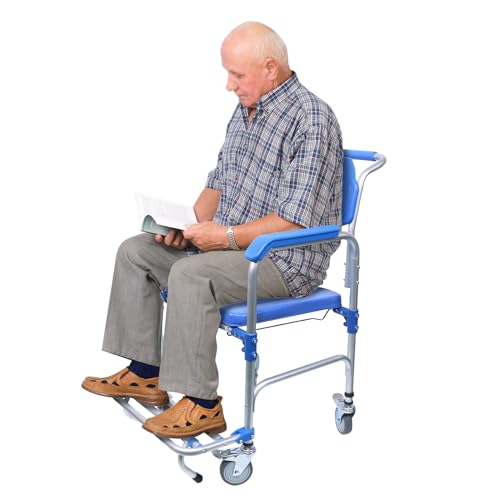 CILDON Shower Commode Wheelchair with 4 Universal Wheels, Foldable Pedal, Arms, Bucket, 330Lbs Capacity, 5.74FT Portable Commode Chair for Handicap, Elderly, Injured and Disabled