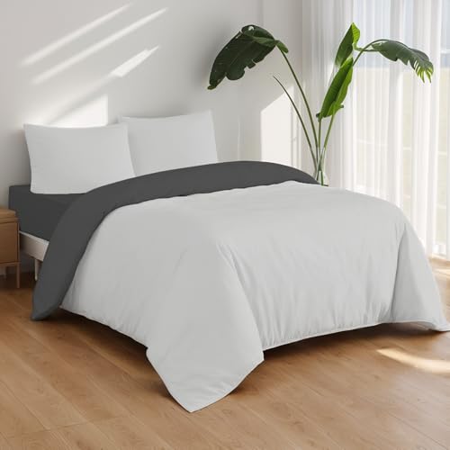 Etrexonline Juego de Funda Nórdica 4 Piezas Cama 180 – Reversible Doble Color Liso – Funda Edredón 240x260cm, Bajera 180x200cm y 2 Fundas Almohadas 50x80cm – Microfibra Suave – Gris y Gris Osculo