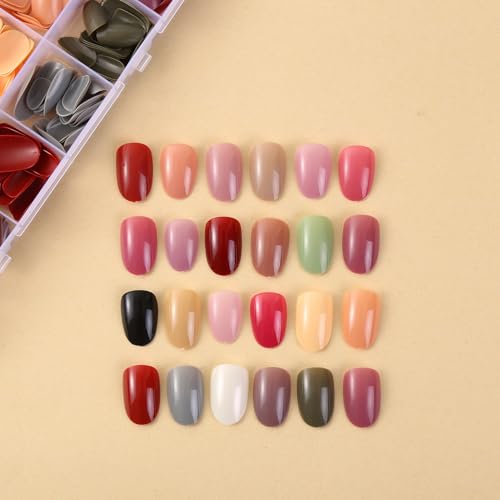 Image of 576Pcs Oval Press on Nails 24 Solid Color Stick on Nails Glossy False Nails Full Cover Glue on Nail Set for Women Nail Tip DIY