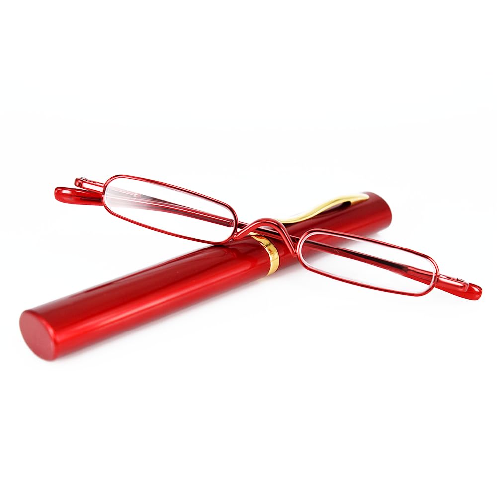 KoKoBin Mini Schmal Lesebrille Federscharnier Metall Lesehilfe Unisex-Sehhilfe mit Etui(Rot，+3.5)