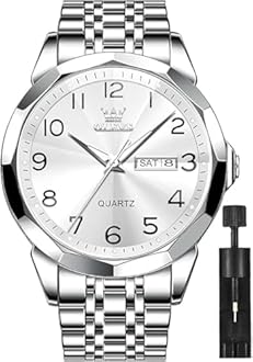 OLEVS Men's Watch Luxury Business Dress Watch UK Diamond Design Quartz Stainless Steel Waterproof Luminous Week Calendar Gift