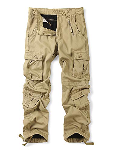 OCHENTA Men's Winter Fleece Lined Cargo Pants, 8 Pockets Casual Workwear Khaki 38
