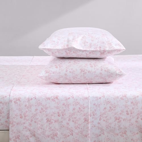 Image of Laura Ashley - Queen Size Sheet Set, Soft Cotton Sateen Bedding with Matching Pillowcases, Fully Elastic Fitted Sheet, Deep Pocket, Floral Room Decor, Silky Smooth All-Season Comfort (Bella Pink)