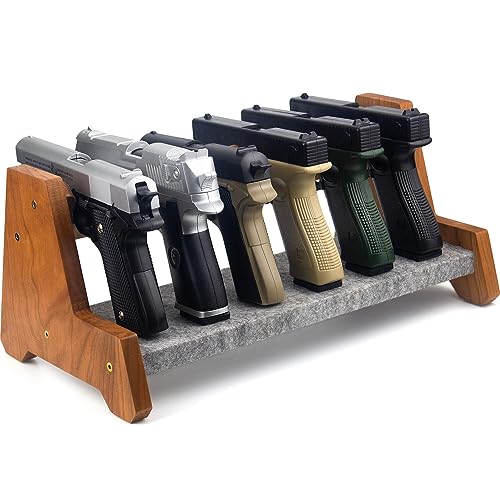 Lobao Gun Rack Cherry Solid Wood Pistol Rack and Firearm Safe Storage Organizer, Gun Accessories Stand Solution, 6 Pistol Handgun Holder with Carpeted Surface