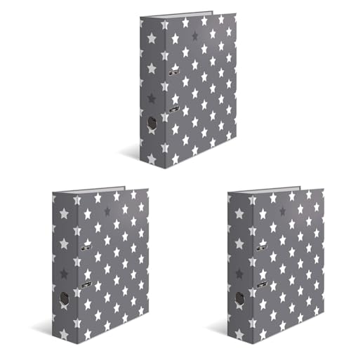 HERMA Ordner A4 Sterne Grau Weiß, 7 cm breit, Kinder Ringordner mit Stern Motiv, bunter Aktenordner mit Innendruck für Jungen und Mädchen (Packung mit 3)