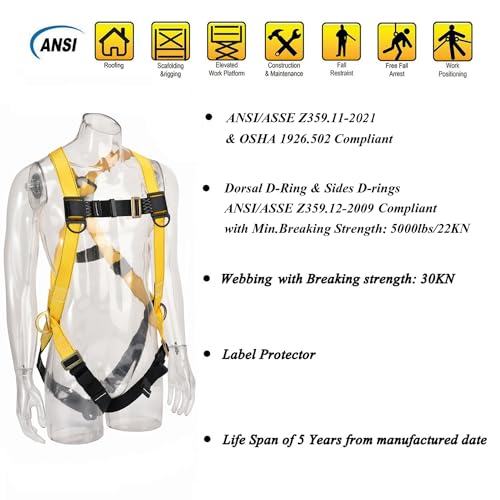 WELKFORDER 3D-Ring Industrial Fall Protection Safety Harness ANSI/ASSE Z359.11-2021 Compliant Full Body Personal Protection Equipment 3-Point Adjustment Universal 310 lbs