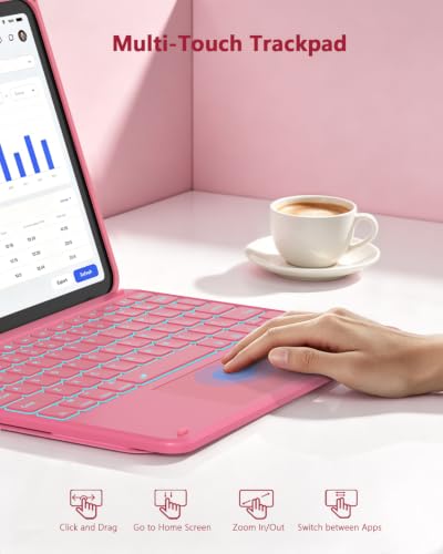 Image of RAYMCRAFT for iPad (A16) 11th /10th Generation Case with Keyboard, 7 Color Backlit, Multi-Touch Trackpad, Folio Case with Pencil Holder, Detachable Wireless Keyboard for iPad (A16) 11th /10th, Hot Pink