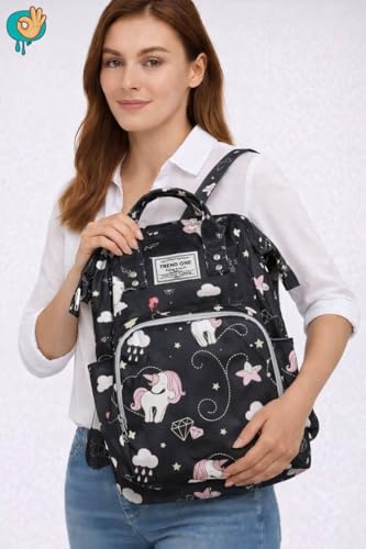 حقيبة ظهر للأمهات لمستلزمات الأطفال، نمط دوائر ملونة، بطانة عازلة من رقائق الألومنيوم، سعة كبيرة مع جيوب منظمة (اسود)