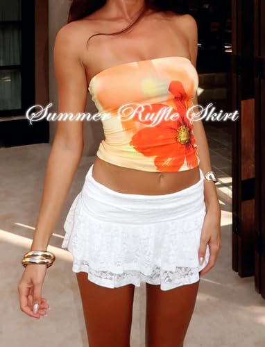 Lace Ruffle Mini Skirts for Women High Waisted See Through Pleated Skort Micro Skirt Y2k Cute Short Skirt with Shorts3