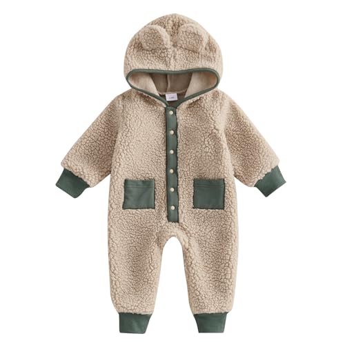SAYOO Newborn Baby Fluffy Jumpsuit Contrast Color Botton Down Snowsuit Outwear Fleece Baby Bunting Bodysuit Hooded Romper