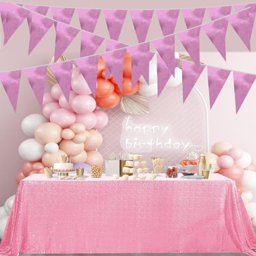 Image of 40M /130FT Rose red Triangle Pennant Banner Flag Metallic Fabric Bunting Garland for Christmas Graduation Wedding Engagement Anniversary Bachelorette Birthday Bridal Shower Valentines Hen Party Supplies