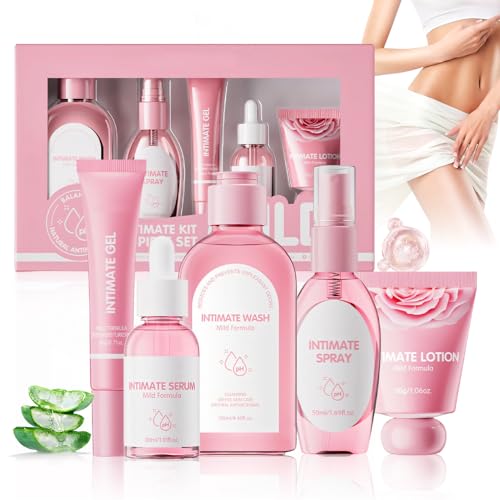 Gel Intimo Mujer, Higiene Intima Mujer Set con Gel íntimo, Desodorante Intimo, Esencias Delicadas, Loción, Spray, Limpieza y Cuidado Rápidos, 5 Artículos