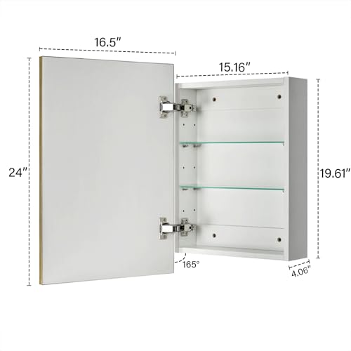 Image of TEHOME 16.5'' x 24'' Brushed Gold Recessed and Surface Mount Bathroom Medicine Cabinet with Mirror Brushed Gold Square Cornered Metal Framed Rounded Rectangle Medicine Cabinet Mirror