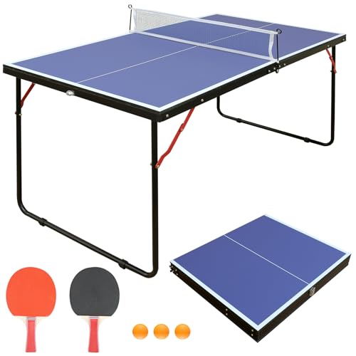 Ping Pong Table 4.5ft Small Folding & Portable Table Tennis Table with 2 Paddles 3 Balls & Net for Outdoor/Indoor Table Tennis Games Teens Adults & Family