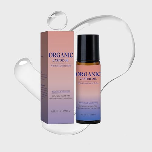 Organic Castor Oil with Rose Quartz Roller, Pure Cold-Pressed, 50ml Organic Castor Oil Roll On Rose Quartz, Hexane-Free, Amber Glass Bottle for Skin (1)