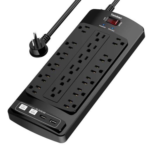 Image of 18 Outlets Surge Protector Power Strip - Teiobar 6 Feet Flat Plug Heavy Duty Extension Cord with 18 Widely Outlets and 4 USB Ports, 2100 Joules, Black, ETL Listed