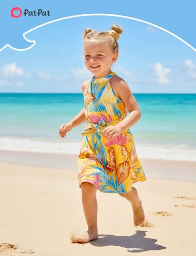 Image of PATPAT Family Hawaiian Matching Outfits - Mommy and Me Vacation Outfits | Halter Sundresses and Button Down Shirts,Caribbean Vacation Summer Tropical Outfits,Hawaiian Boho Tropical Floral Printed