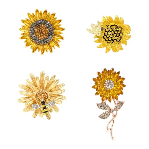 Image of Honbay 4PCS Sparkling Rhinestones Sunflower Brooch Pins Enamel Alloy Flower Bee Brooches Daisy Breastpin Lapel Pins Hat Scarf Shawl Sweater Cardigan Clips