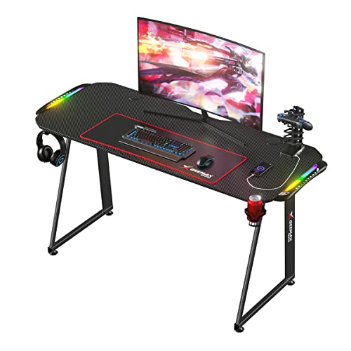 VANSPACE 55 Inch Gaming Desk with Free Mouse Pad, Ergonomic T-Shaped Office Desk PC Computer Desk, Gamer Tables Pro Workstation with USB Gaming Handle Rack, Stand Cup Holder&Headphone Hook
