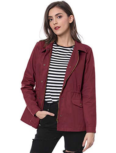 Allegra K Chaqueta utilitaria Ligera con Bolsillos con Solapa en la Cintura con cordón para Mujer Borgoña L