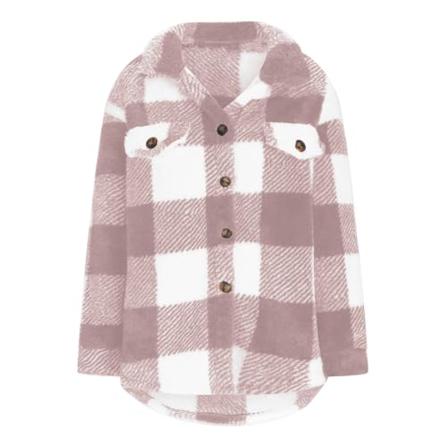 Women Fall Winter Coats Lapel Neck Plaid Fuzzy Fleece Fashion Button Down Shirt Coat Plus Size Casual Sherpa Jacket4