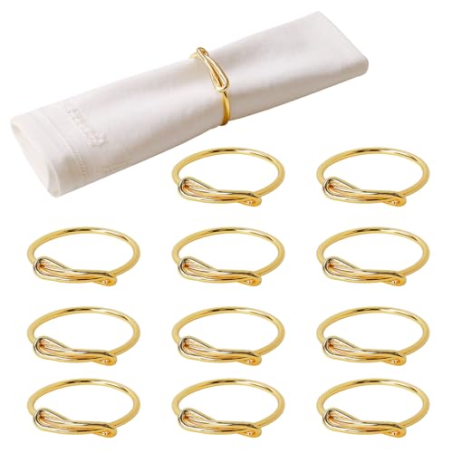 wonlex Gold Napkin Rings Set of 12, Elegant Modern Napkin Ring Buckles Cute Brushed Napkin Rings Serviette Napkin Holder Ring for Weddings Dinner Engagement Party Table (Infinity Knot-Gold)
