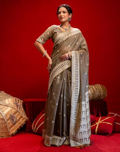 Image of SIRIL Women's Cotton Weaving Tassels Saree With Unstitched Blouse Piece