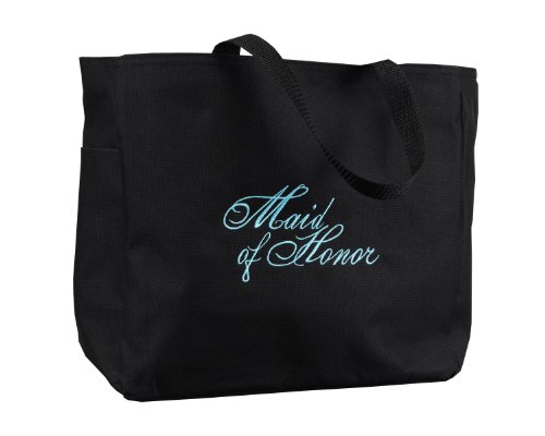 Wedding Accessories Black with Aqua Bridal Party Tote Bag, Maid of Honor, 12 by 14-Inch