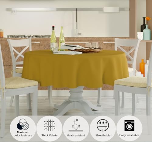 Image of HOME COLORS.IN Plain Solid Cotton 4 Seater Round Table Cover - Durable - Machine Washable - Every Day use Dining Table Cloth - 60 x 60 Inch - Reef Gold