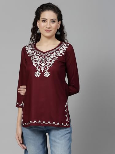 Image of QAZMI Women's Resham Embroidered Kurti |Elegant Design,3 /4 Sleeves, Sweet Heart Neck