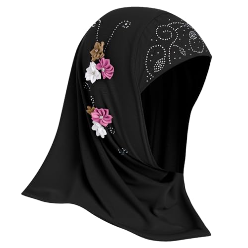 Kids Girls Muslim Instant Hijab Ready To Wear Islamic Shawls Turban with Flowers Scarfs Jersey Head Wrap